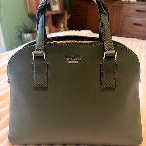 kate spade green dome satchel handbag with gold hardware and long strap